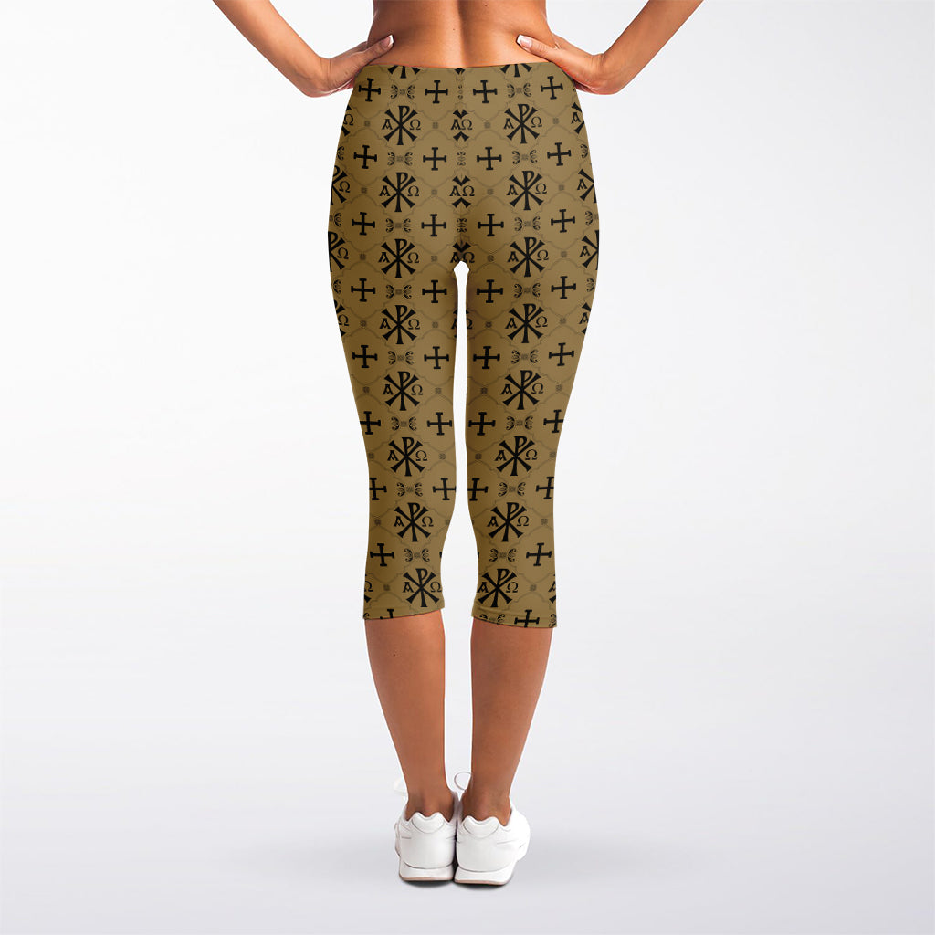 Beige And Black Orthodox Pattern Print Women's Capri Leggings