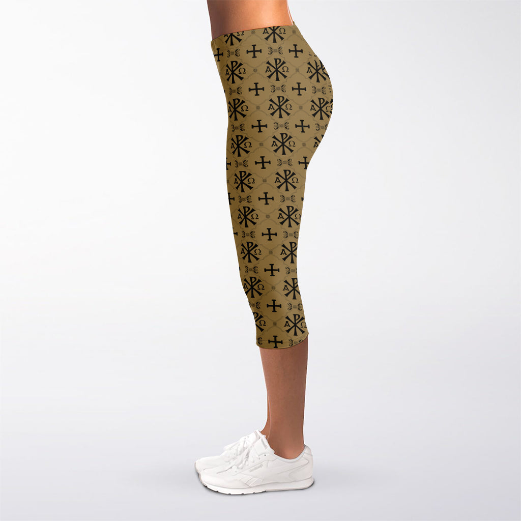 Beige And Black Orthodox Pattern Print Women's Capri Leggings
