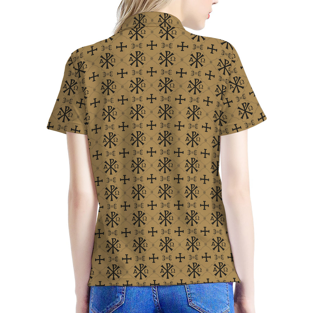 Beige And Black Orthodox Pattern Print Women's Polo Shirt