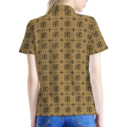 Beige And Black Orthodox Pattern Print Women's Polo Shirt