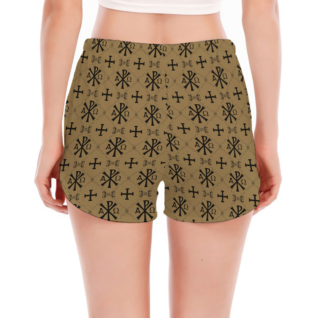 Beige And Black Orthodox Pattern Print Women's Split Running Shorts