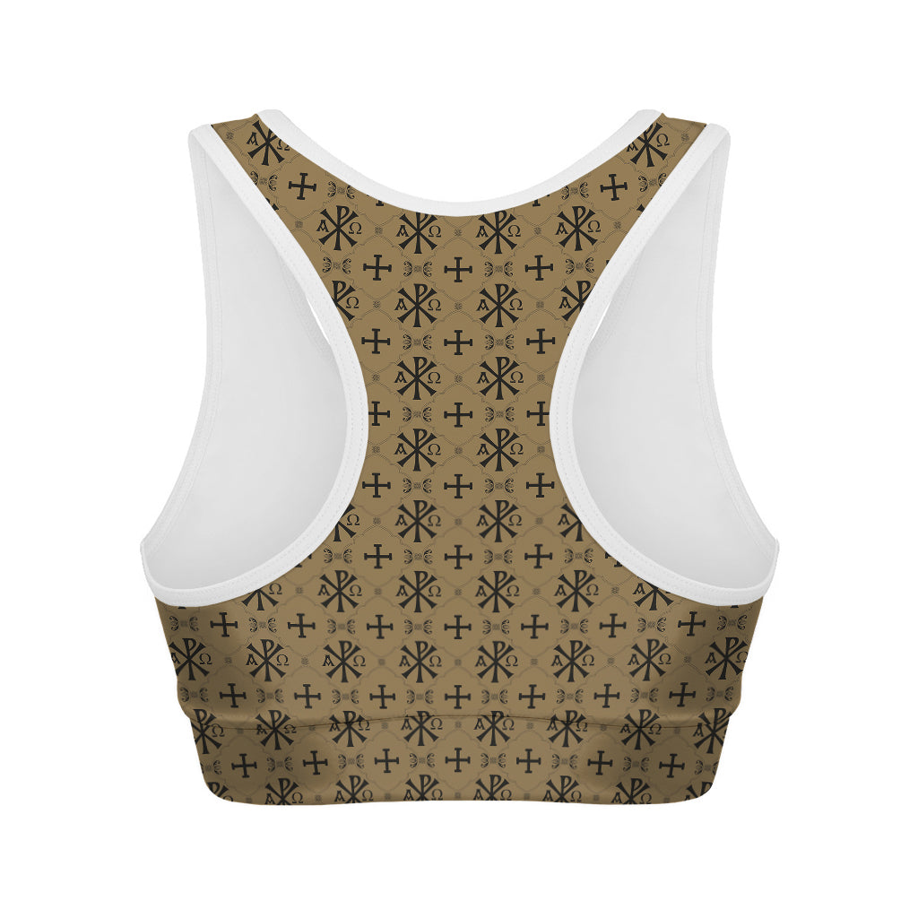 Beige And Black Orthodox Pattern Print Women's Sports Bra