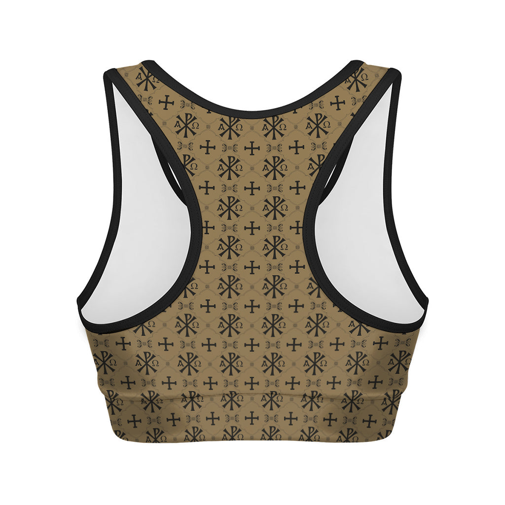 Beige And Black Orthodox Pattern Print Women's Sports Bra