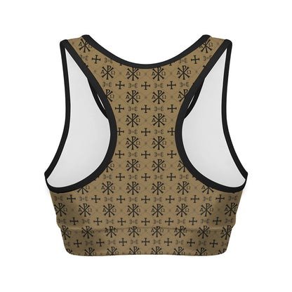 Beige And Black Orthodox Pattern Print Women's Sports Bra