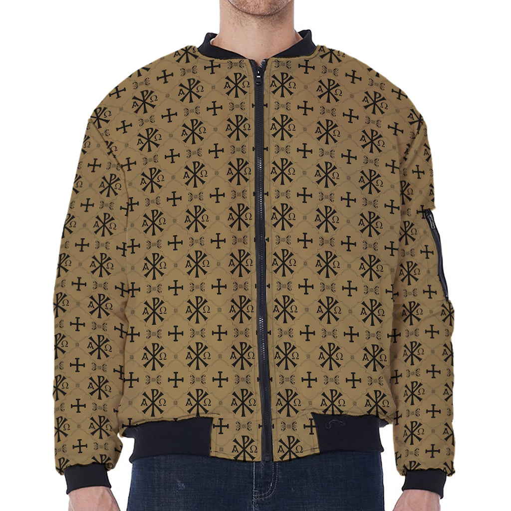 Beige And Black Orthodox Pattern Print Zip Sleeve Bomber Jacket