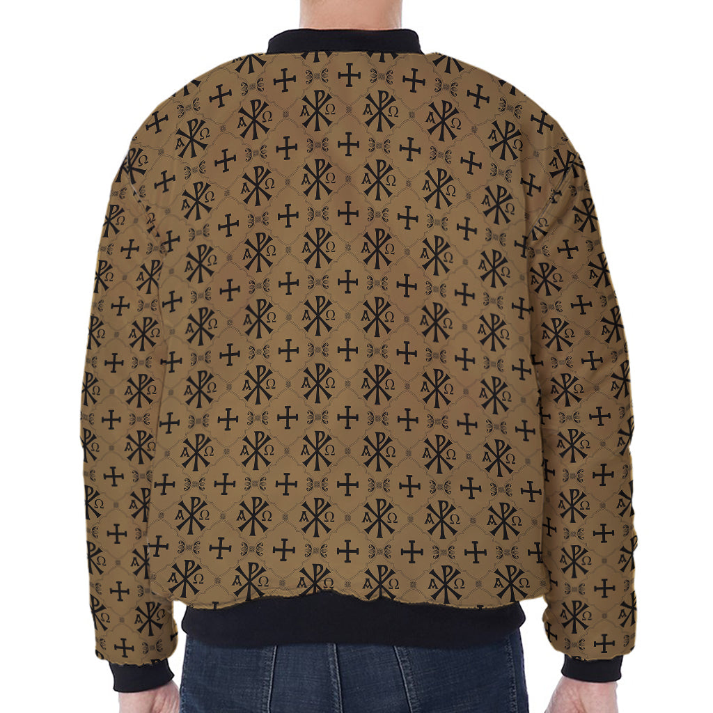 Beige And Black Orthodox Pattern Print Zip Sleeve Bomber Jacket