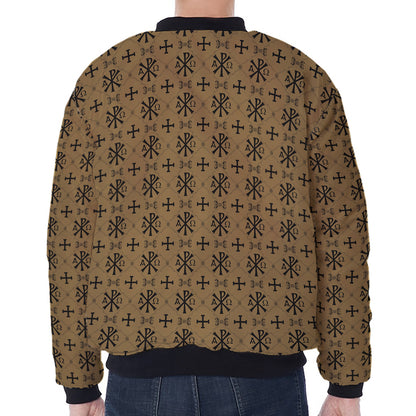 Beige And Black Orthodox Pattern Print Zip Sleeve Bomber Jacket