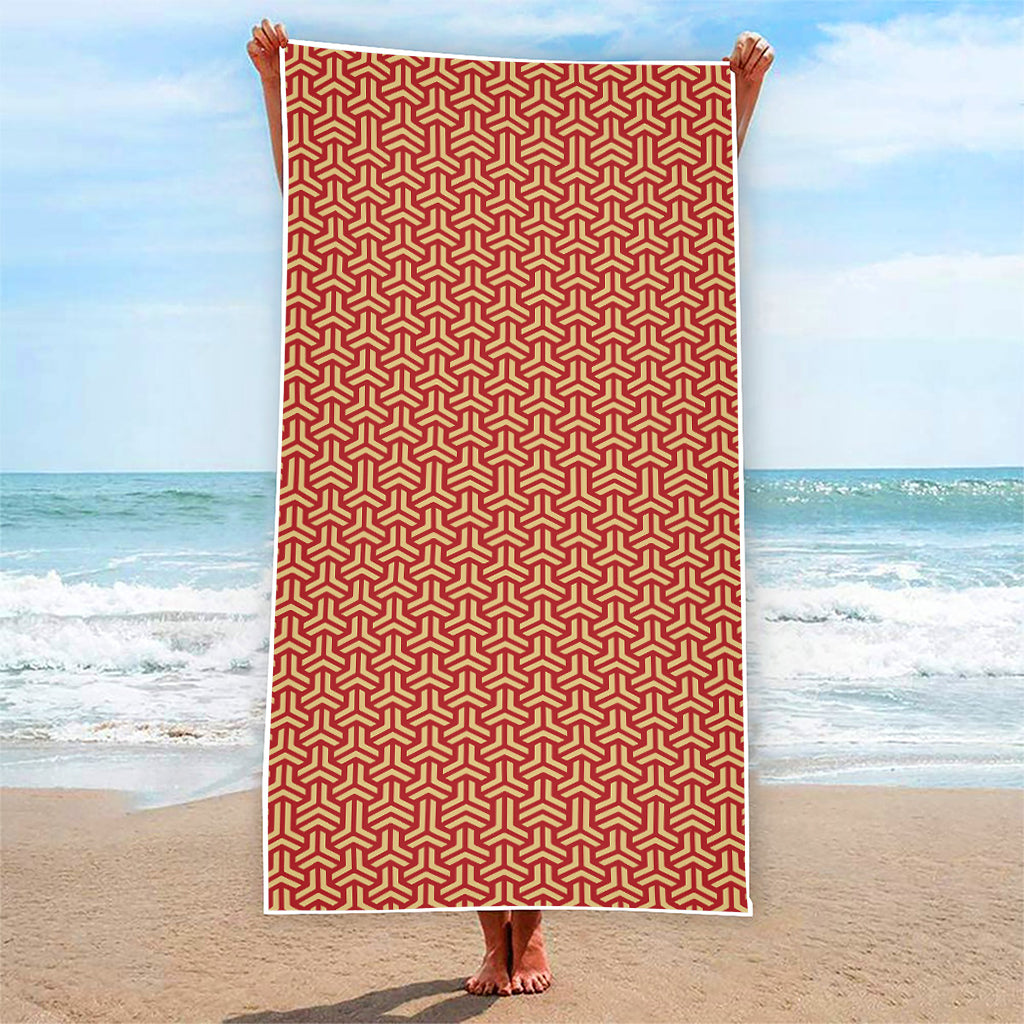 Beige And Red Japanese Pattern Print Beach Towel