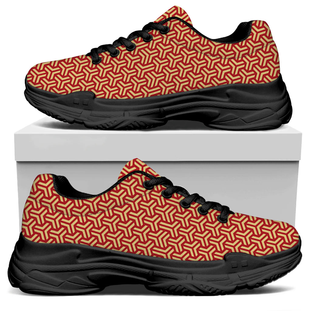 Beige And Red Japanese Pattern Print Black Chunky Shoes