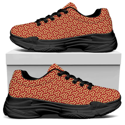 Beige And Red Japanese Pattern Print Black Chunky Shoes