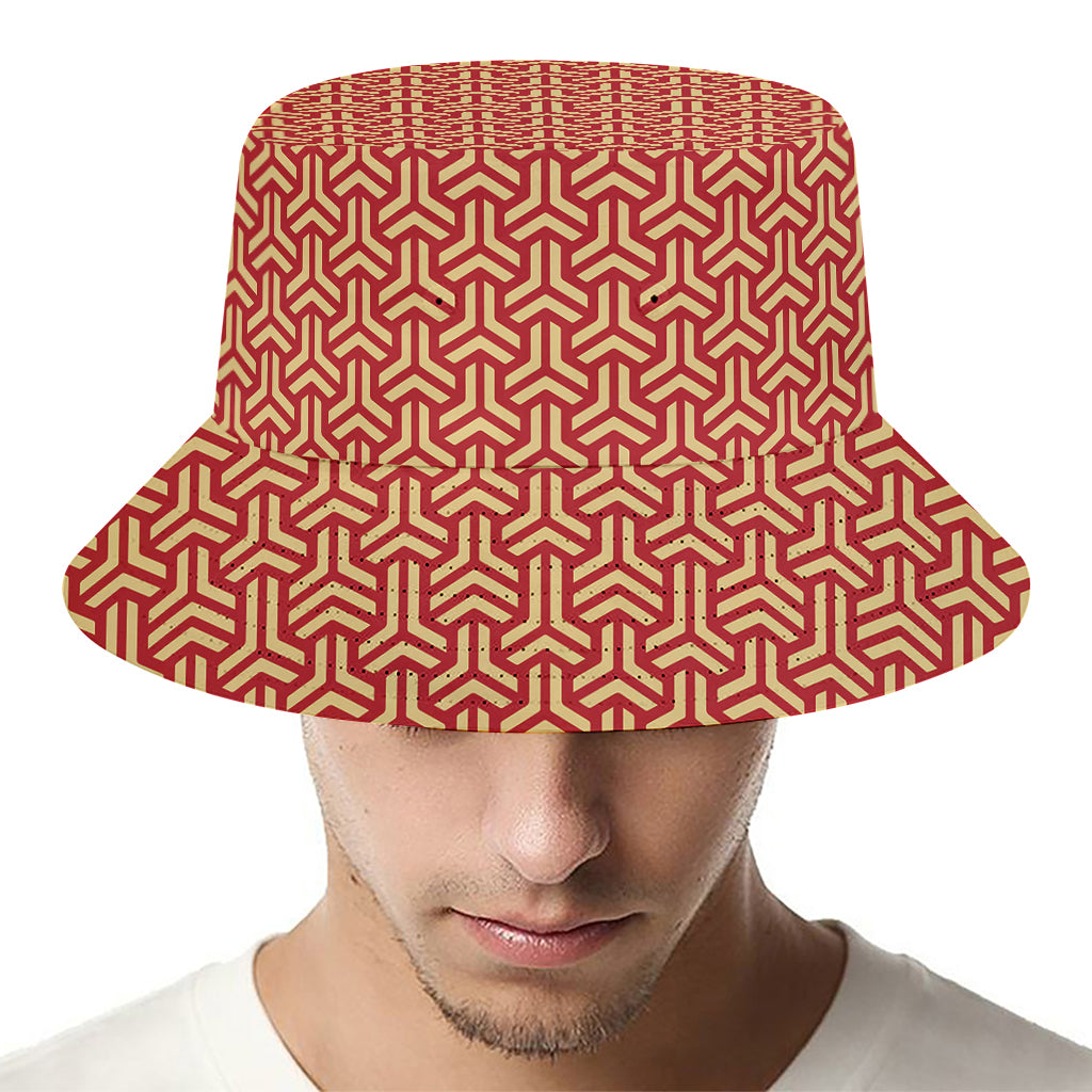 Beige And Red Japanese Pattern Print Bucket Hat
