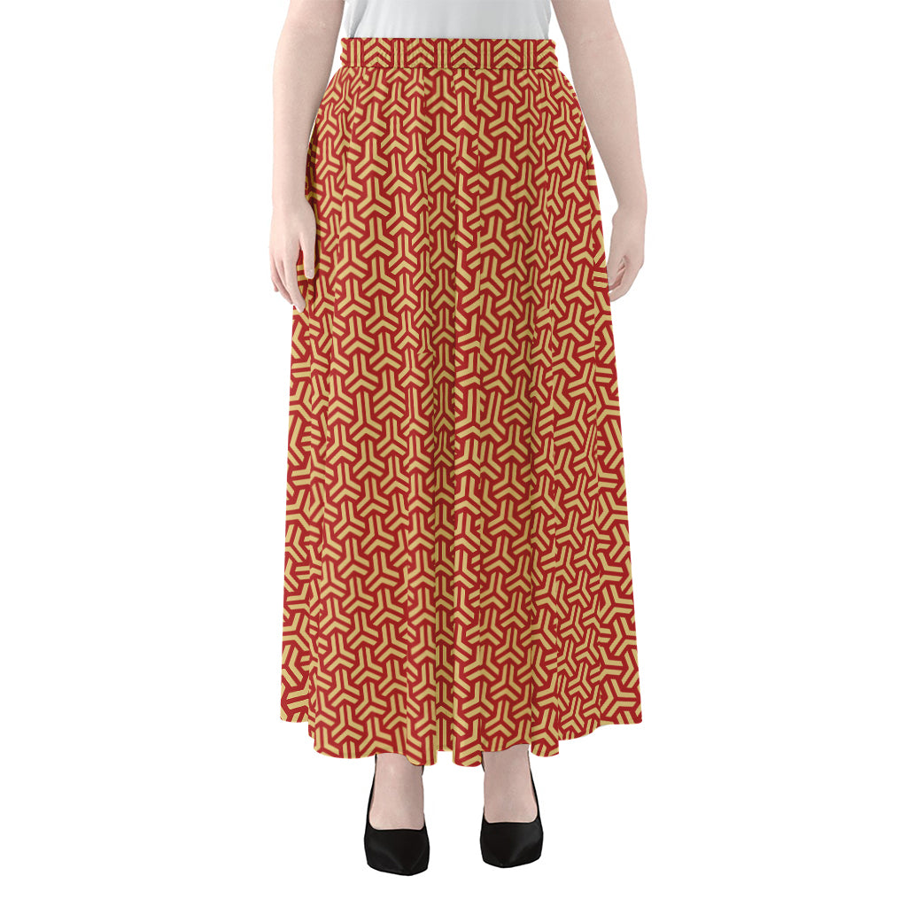 Beige And Red Japanese Pattern Print Chiffon Maxi Skirt