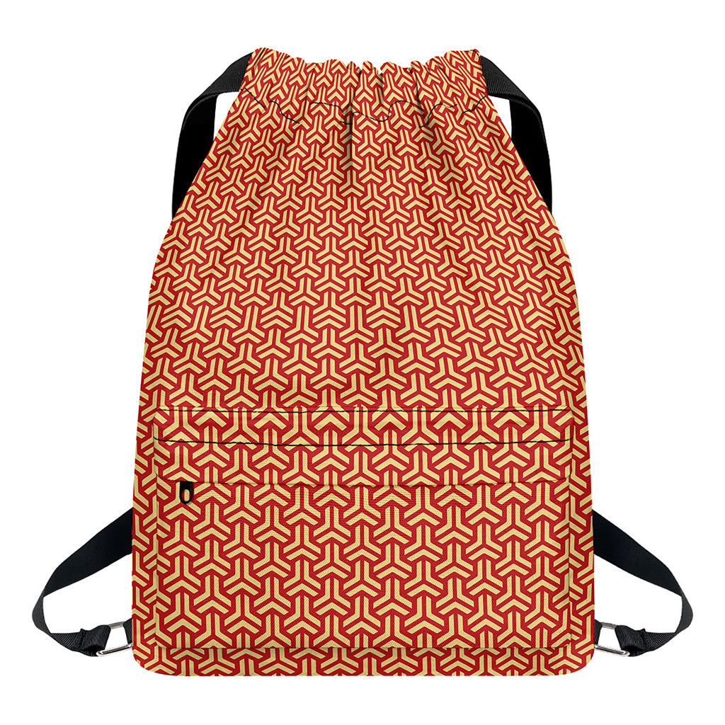 Beige And Red Japanese Pattern Print Drawstring Backpack