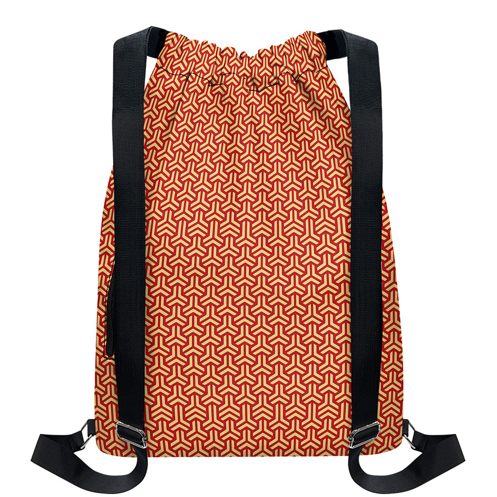 Beige And Red Japanese Pattern Print Drawstring Backpack