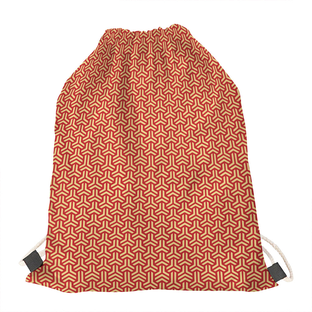 Beige And Red Japanese Pattern Print Drawstring Bag
