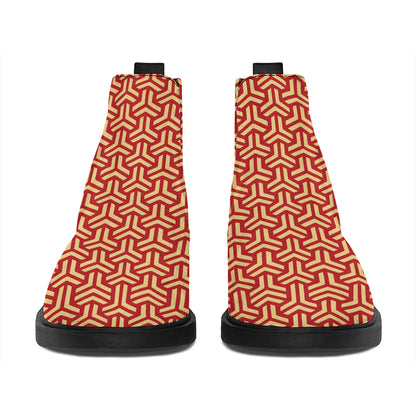 Beige And Red Japanese Pattern Print Flat Ankle Boots