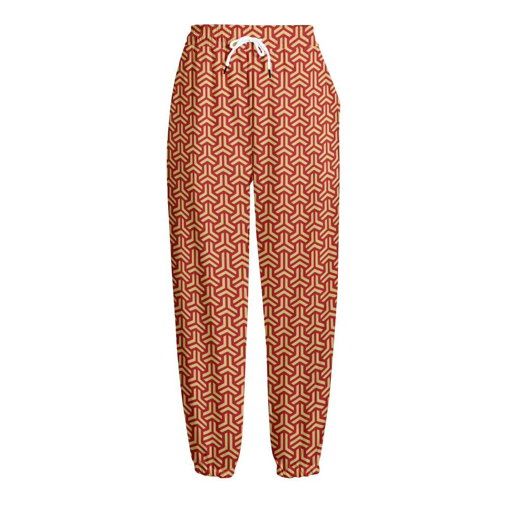 Beige And Red Japanese Pattern Print Fleece Lined Knit Pants