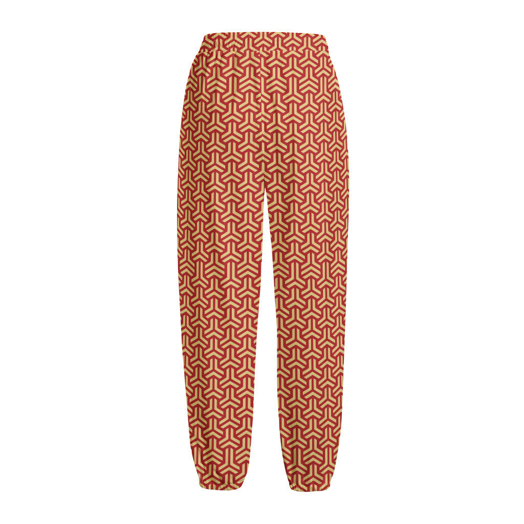 Beige And Red Japanese Pattern Print Fleece Lined Knit Pants