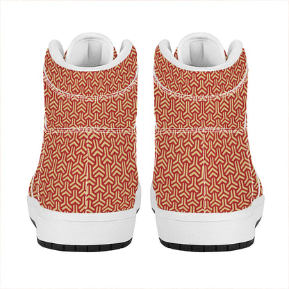 Beige And Red Japanese Pattern Print High Top Leather Sneakers