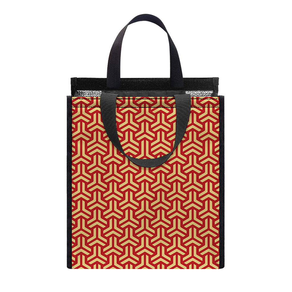 Beige And Red Japanese Pattern Print Insulated Lunch Tote