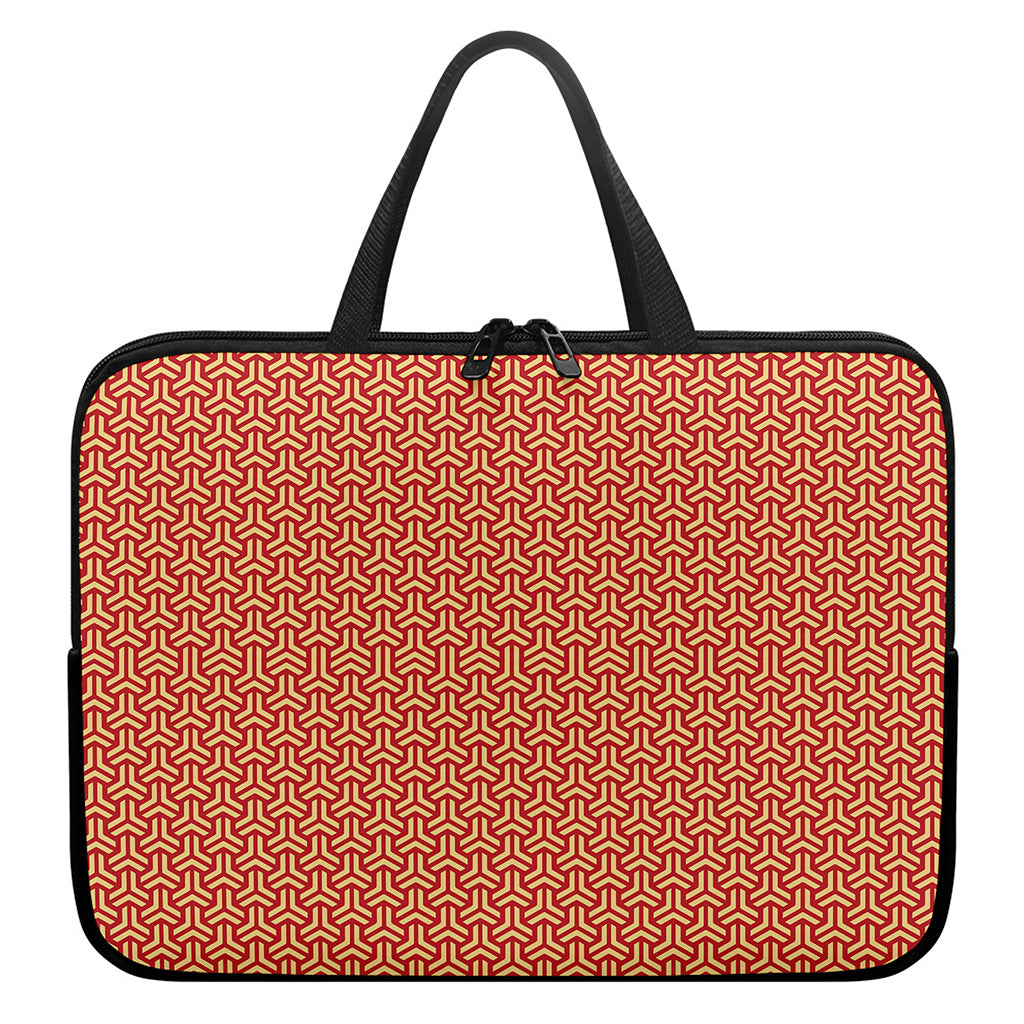 Beige And Red Japanese Pattern Print Laptop Sleeve With Handle