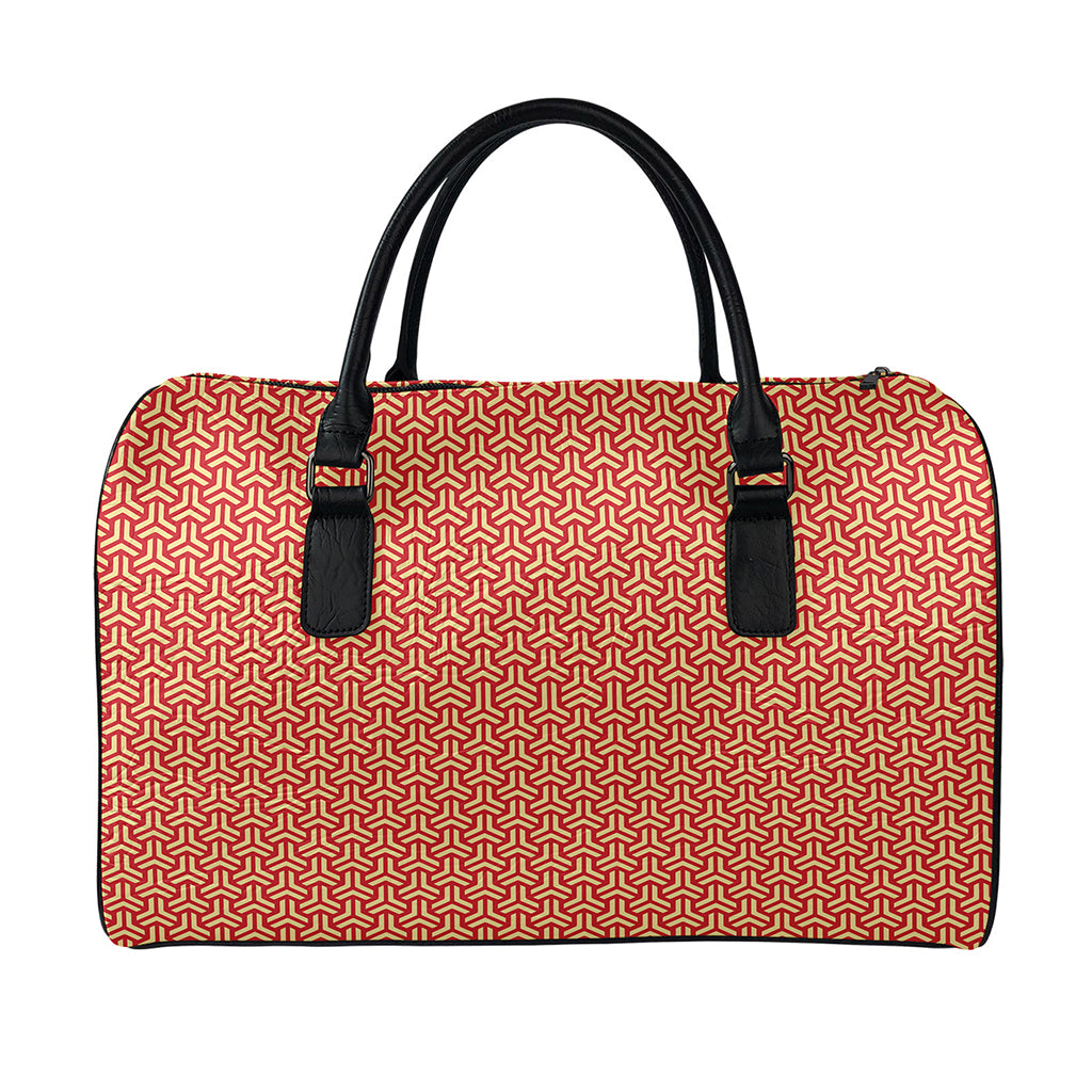 Beige And Red Japanese Pattern Print Leather Duffle Bag