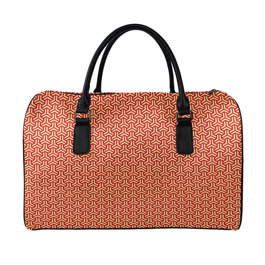 Beige And Red Japanese Pattern Print Leather Duffle Bag