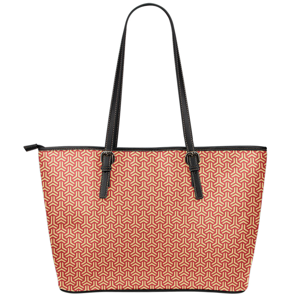 Beige And Red Japanese Pattern Print Leather Tote Bag