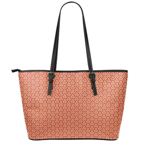 Beige And Red Japanese Pattern Print Leather Tote Bag