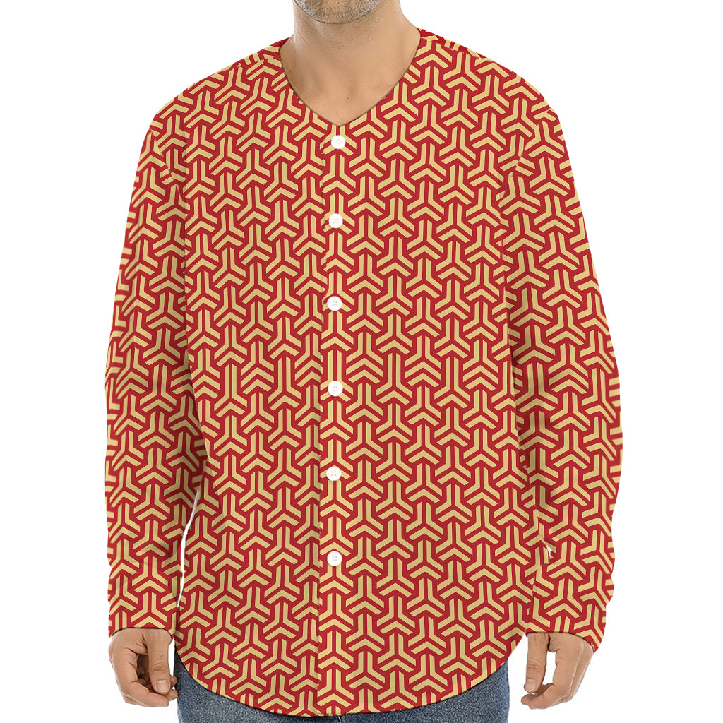 Beige And Red Japanese Pattern Print Long Sleeve Baseball Jersey