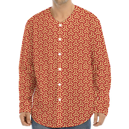 Beige And Red Japanese Pattern Print Long Sleeve Baseball Jersey