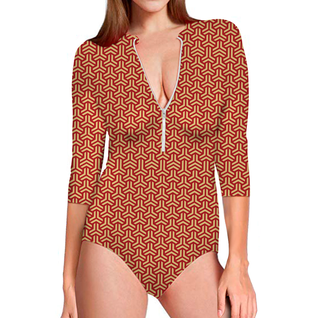Beige And Red Japanese Pattern Print Long Sleeve Swimsuit