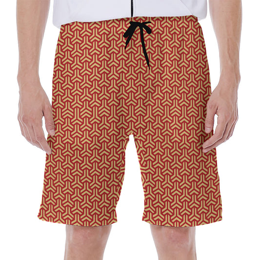 Beige And Red Japanese Pattern Print Men's Beach Shorts