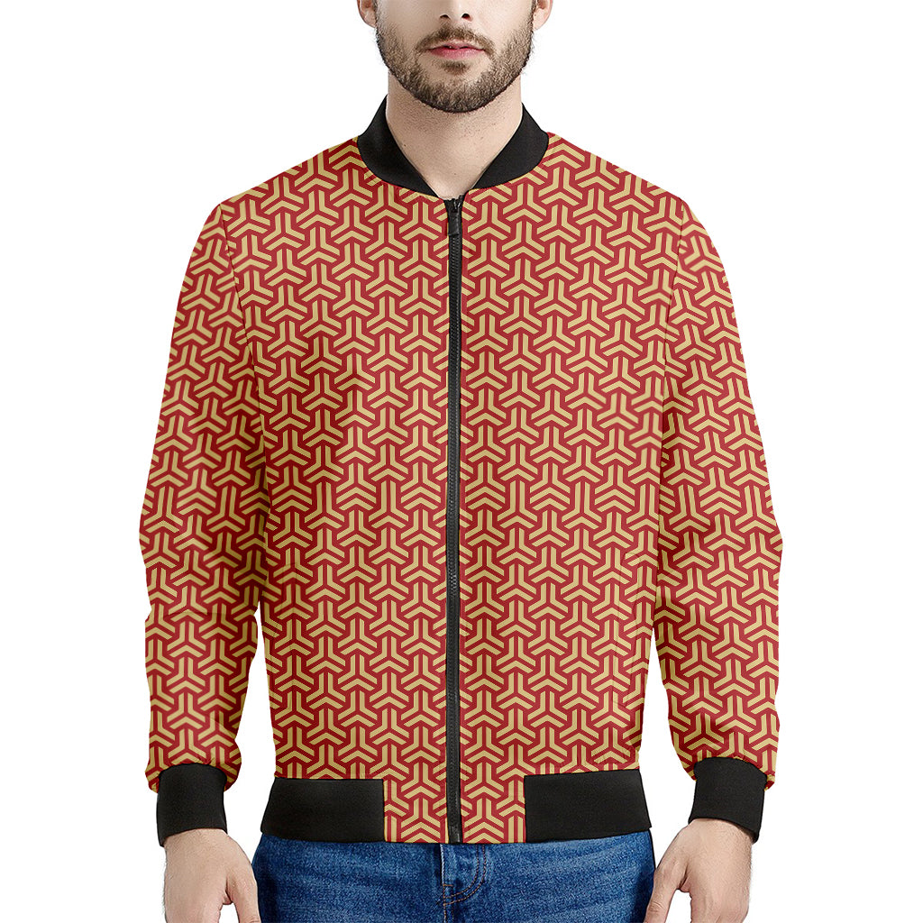 Beige And Red Japanese Pattern Print Men's Bomber Jacket