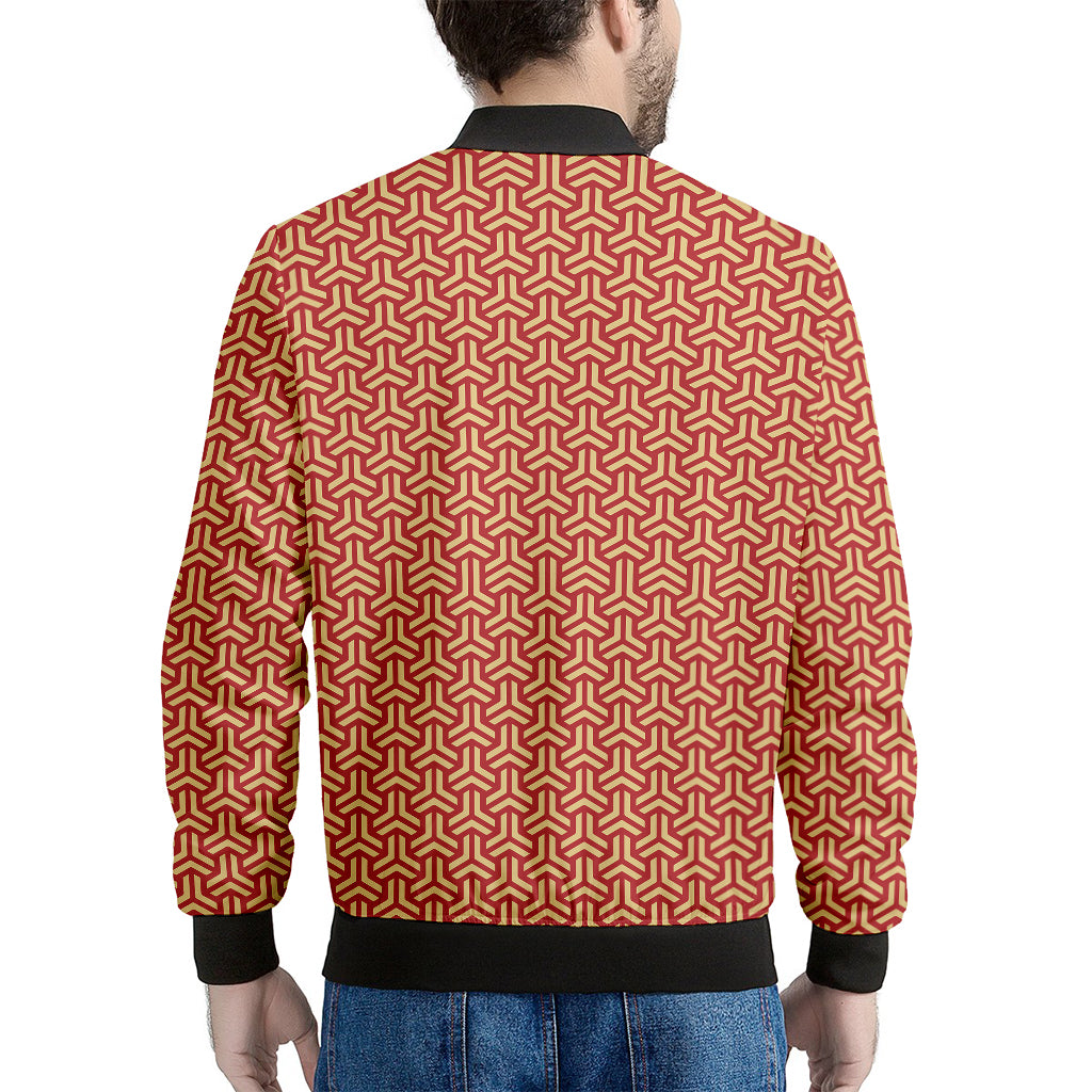 Beige And Red Japanese Pattern Print Men's Bomber Jacket