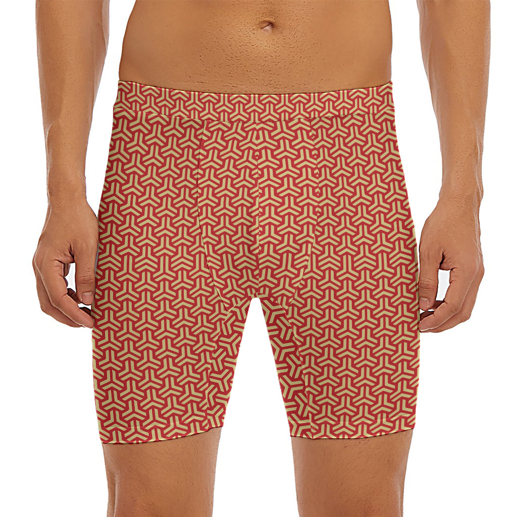 Beige And Red Japanese Pattern Print Men's Long Boxer Briefs