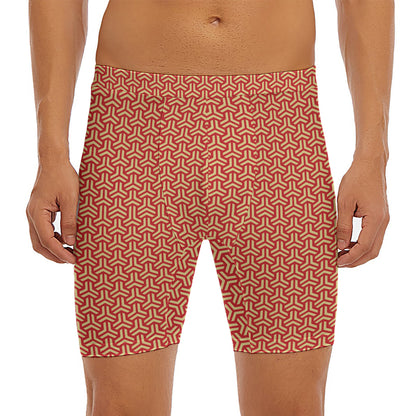 Beige And Red Japanese Pattern Print Men's Long Boxer Briefs