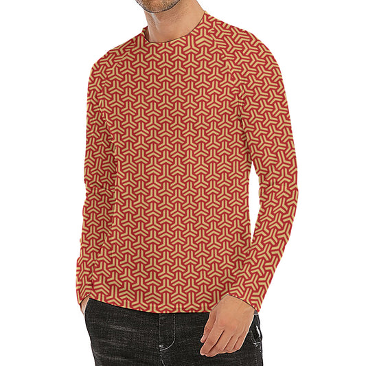 Beige And Red Japanese Pattern Print Men's Long Sleeve Rash Guard