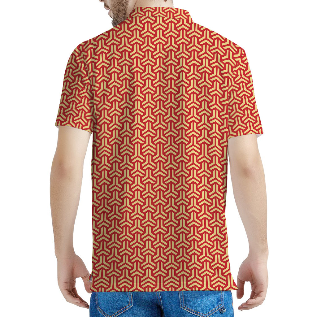 Beige And Red Japanese Pattern Print Men's Polo Shirt