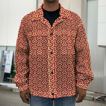 Beige And Red Japanese Pattern Print Men's Shirt Jacket