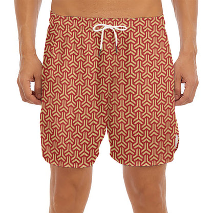 Beige And Red Japanese Pattern Print Men's Split Running Shorts