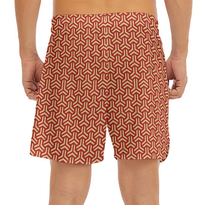 Beige And Red Japanese Pattern Print Men's Split Running Shorts