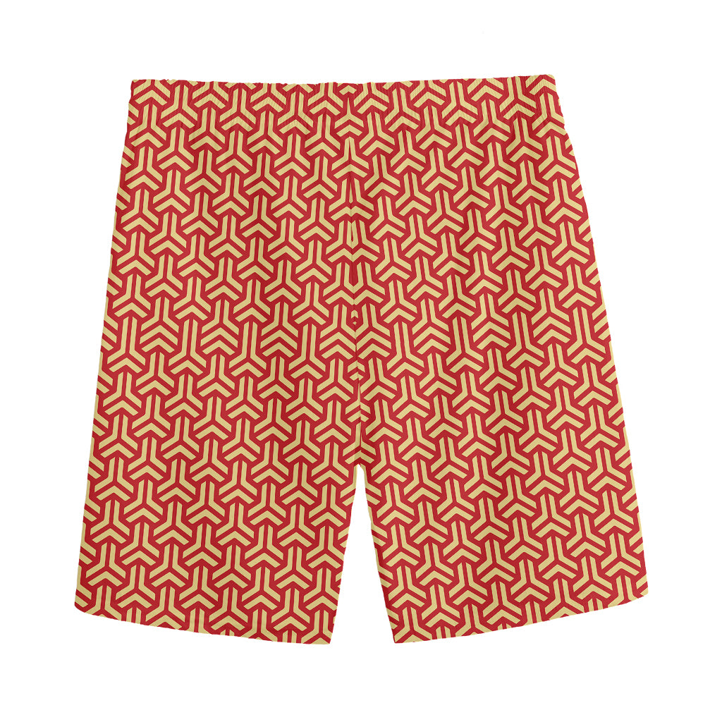Beige And Red Japanese Pattern Print Men's Sports Shorts