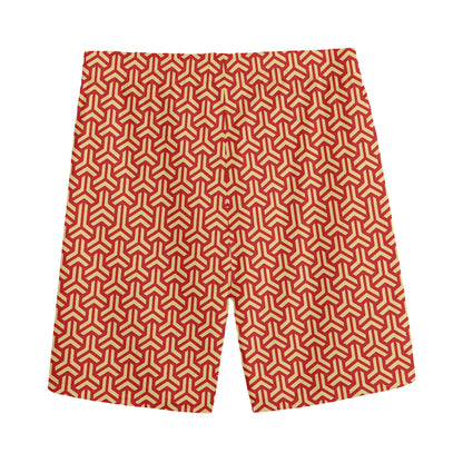 Beige And Red Japanese Pattern Print Men's Sports Shorts