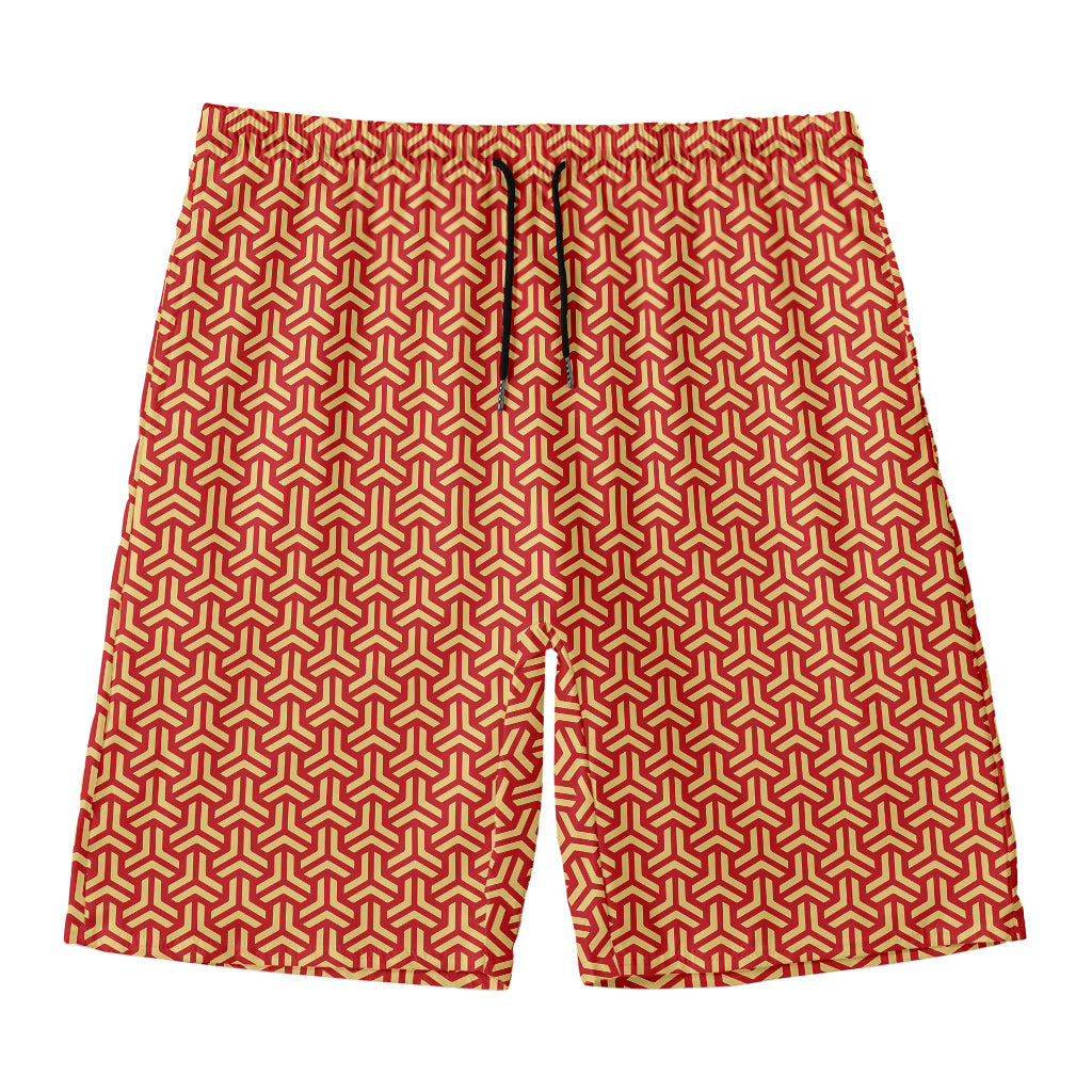 Beige And Red Japanese Pattern Print Men's Swim Trunks