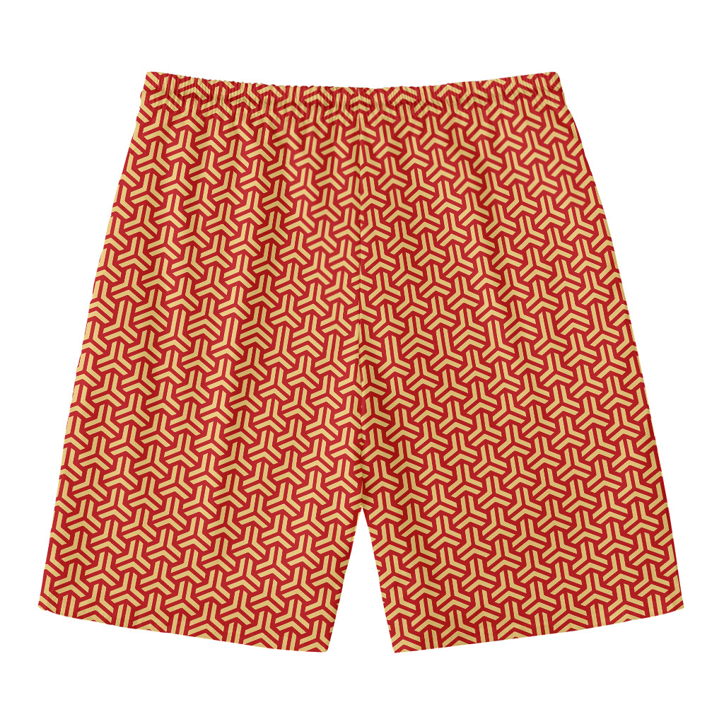 Beige And Red Japanese Pattern Print Men's Swim Trunks