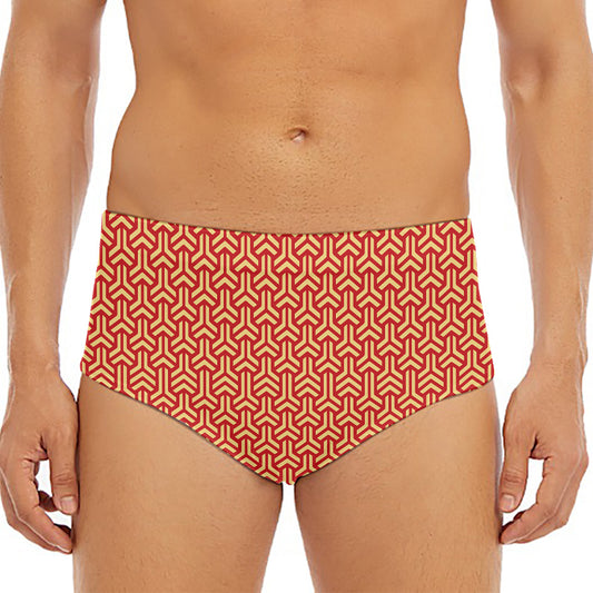 Beige And Red Japanese Pattern Print Men's Triangle Swim Briefs