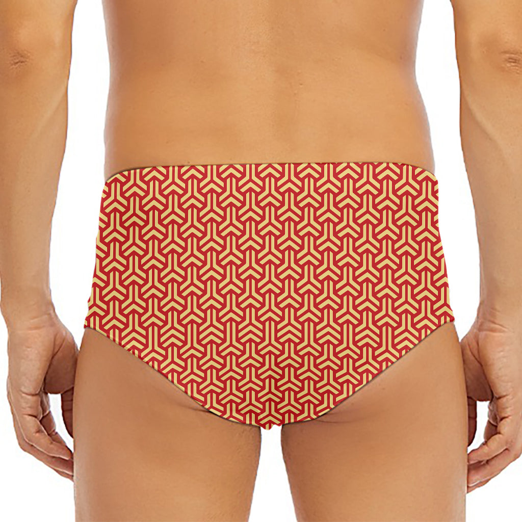 Beige And Red Japanese Pattern Print Men's Triangle Swim Briefs