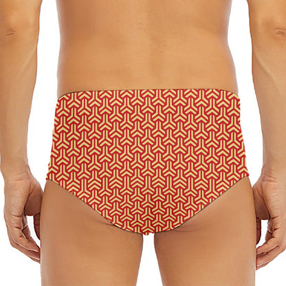 Beige And Red Japanese Pattern Print Men's Triangle Swim Briefs