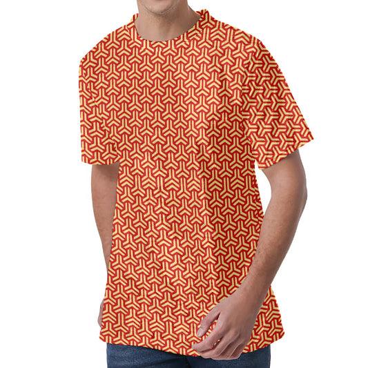 Beige And Red Japanese Pattern Print Men's Velvet T-Shirt